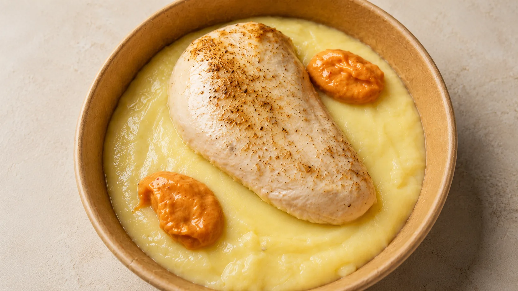 El bol completo con pollo, puré y salsa