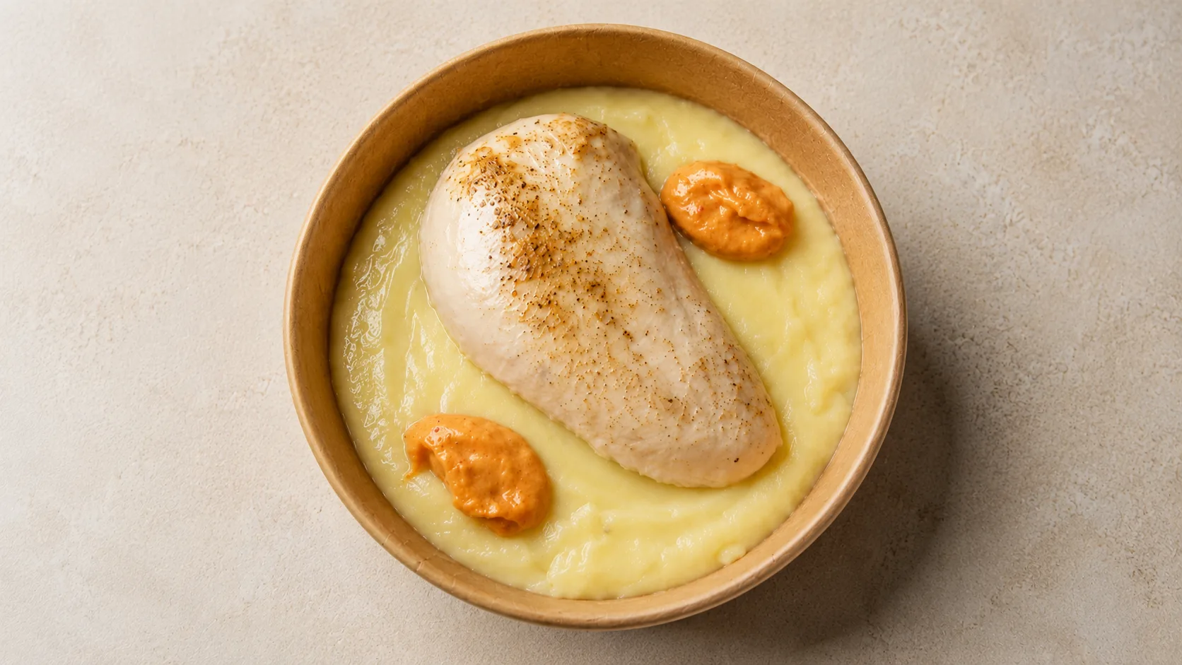 Vista cenital del plato de pollo con puré, listo para comer